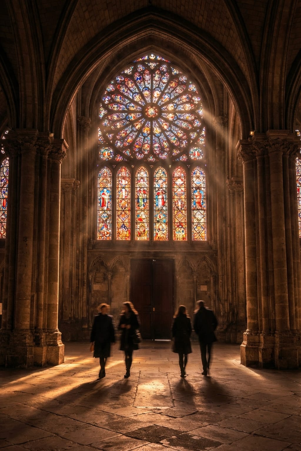 A dramatic interior view of the Great Rose Window of a Gothic cathedral.
