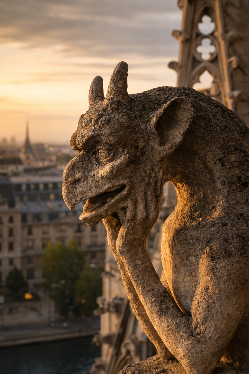 A sharp, detailed close-up of a weathered stone gargoyle (chimera) perched on the upper gallery of Notre-Dame Cathedral.